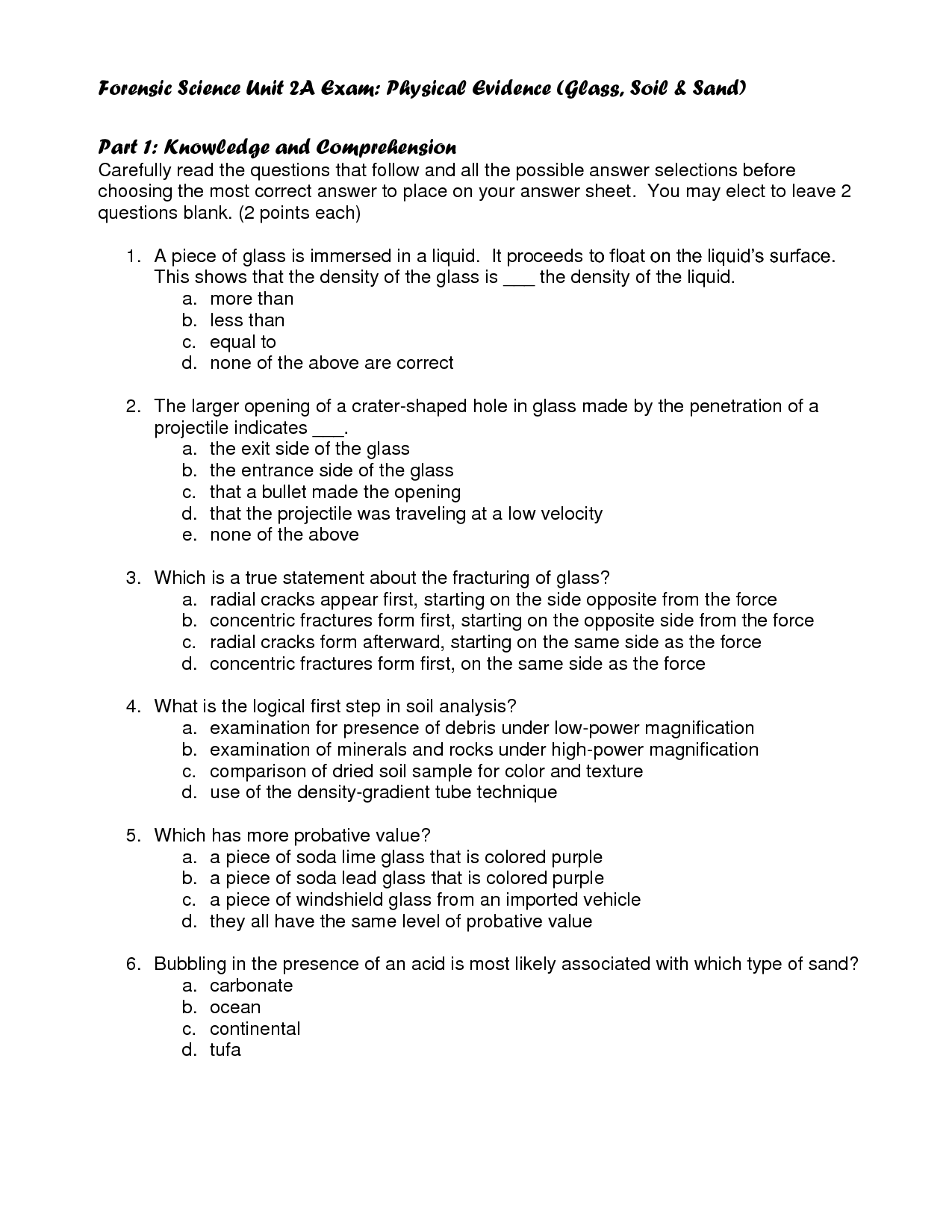 Physical Evidence Forensic Science Worksheet Image