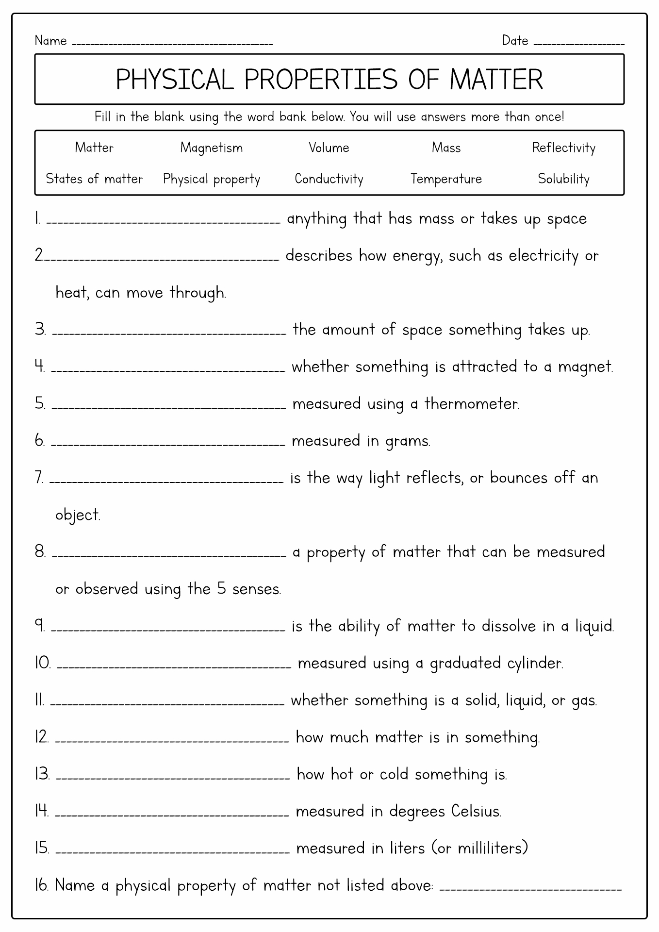 Physical Matter Properties Worksheet
