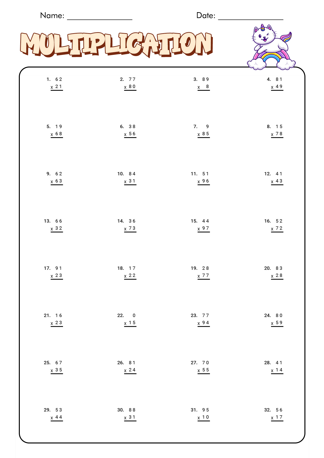 Printable Multiplication Worksheets for 5th Grade Math