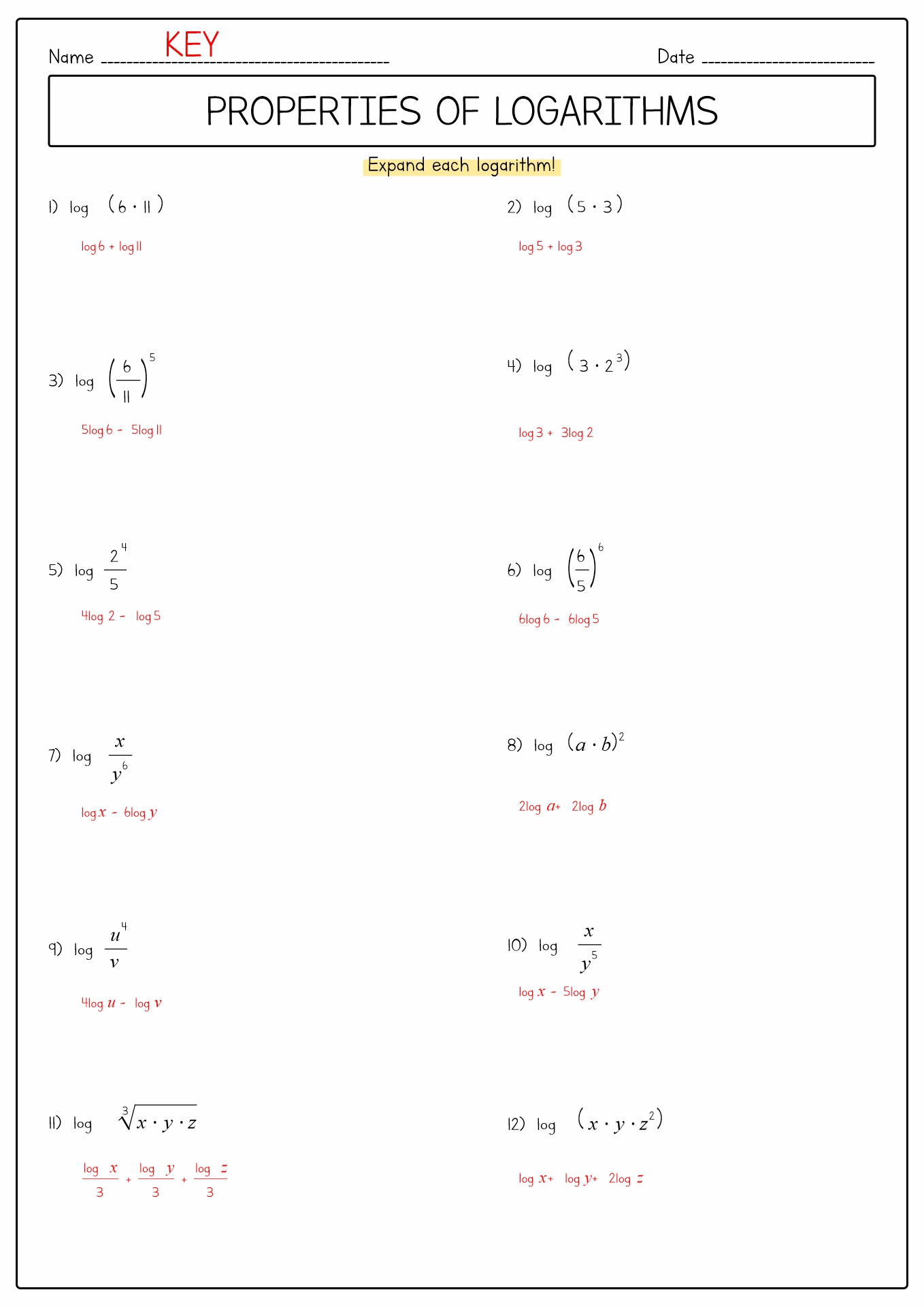 Properties of Logarithms Worksheet Answers Image