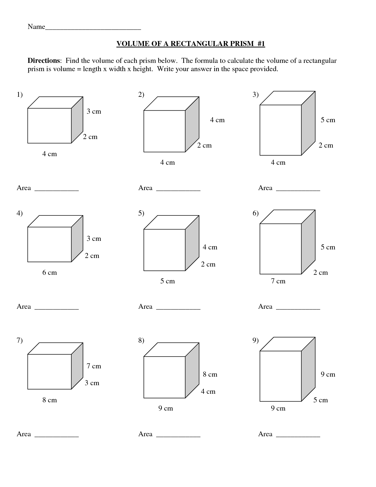 Rectangular Prism Volume And Surface Area Worksheet