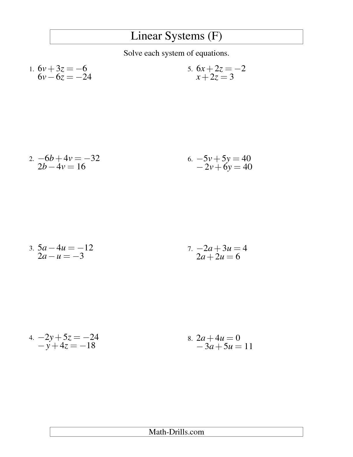 Solving Systems of Equations by Elimination Worksheet Image