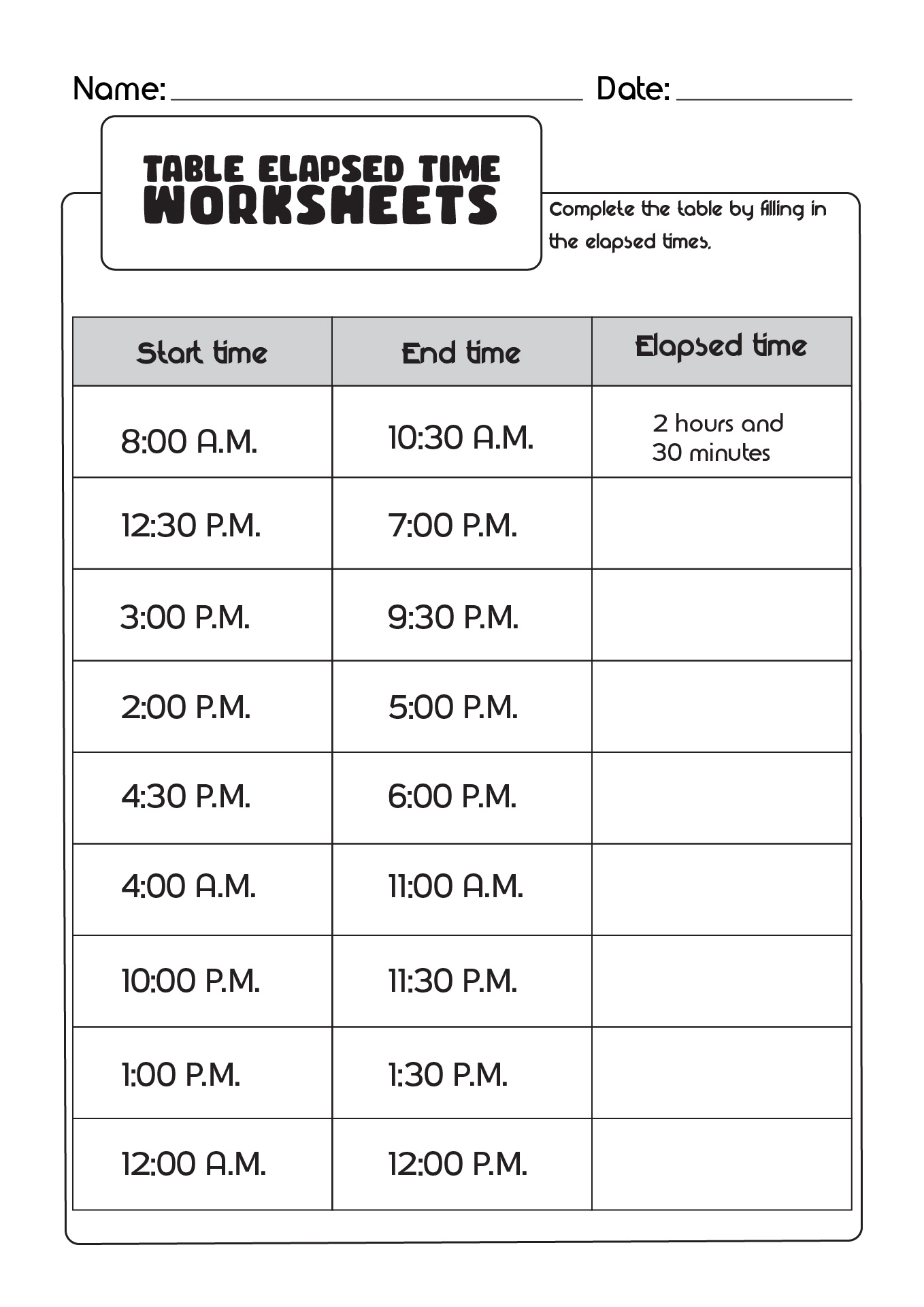 Table Elapsed Time Worksheets