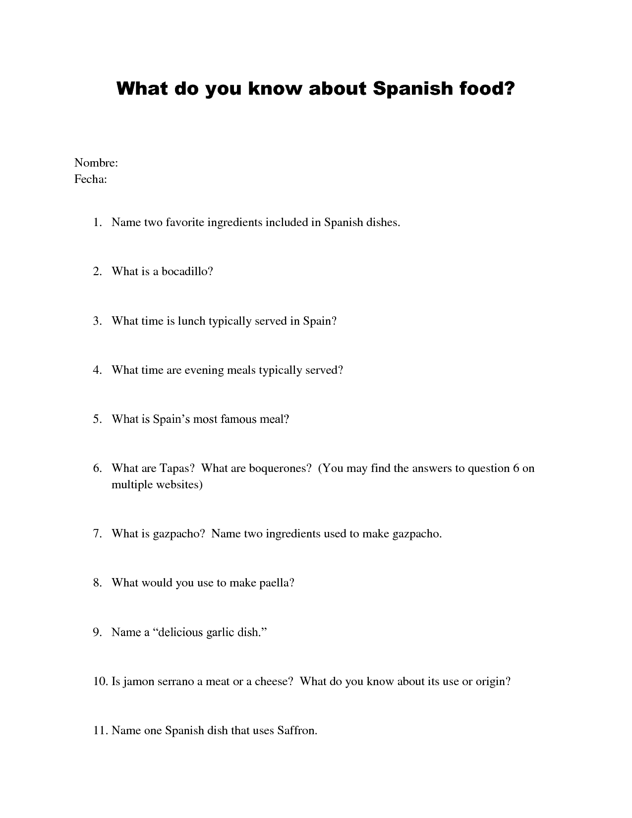 What Do You Know About Spanish Food Worksheet Image