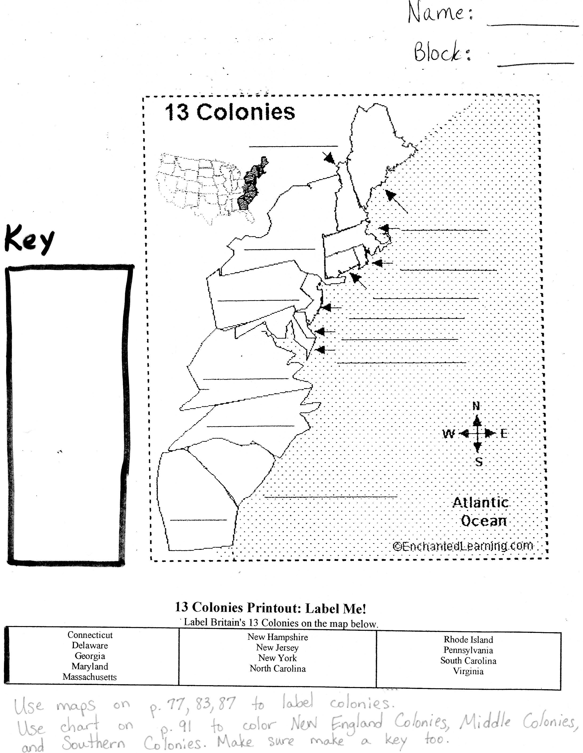13 Colonies Map Quiz Worksheet Image