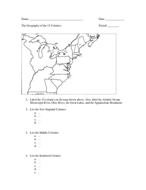 13 Colonies Worksheet Image