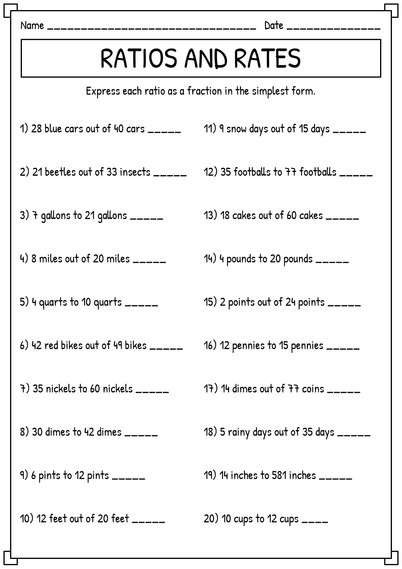6th Grade Math Ratio Worksheets