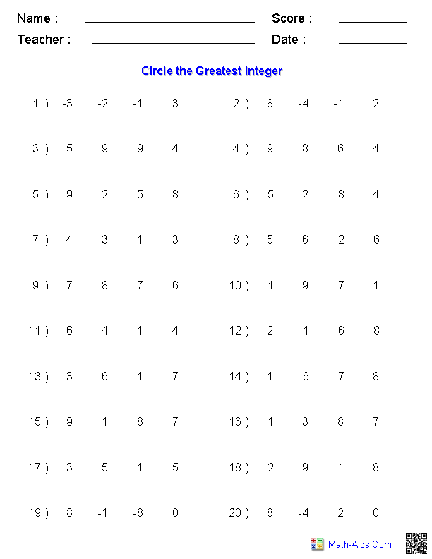 6th Grade Math Worksheets Integers Image