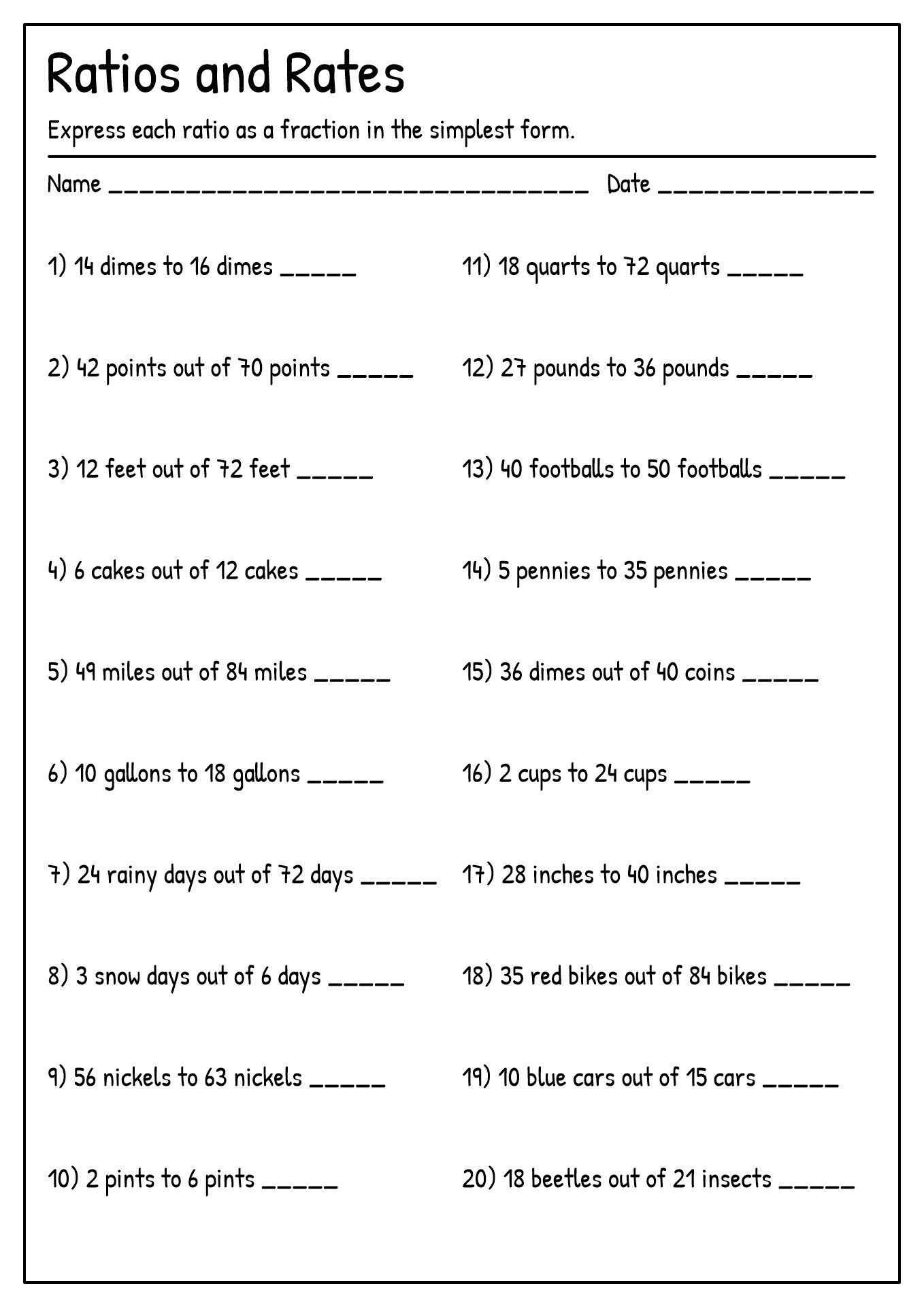 6th Grade Ratio Worksheets