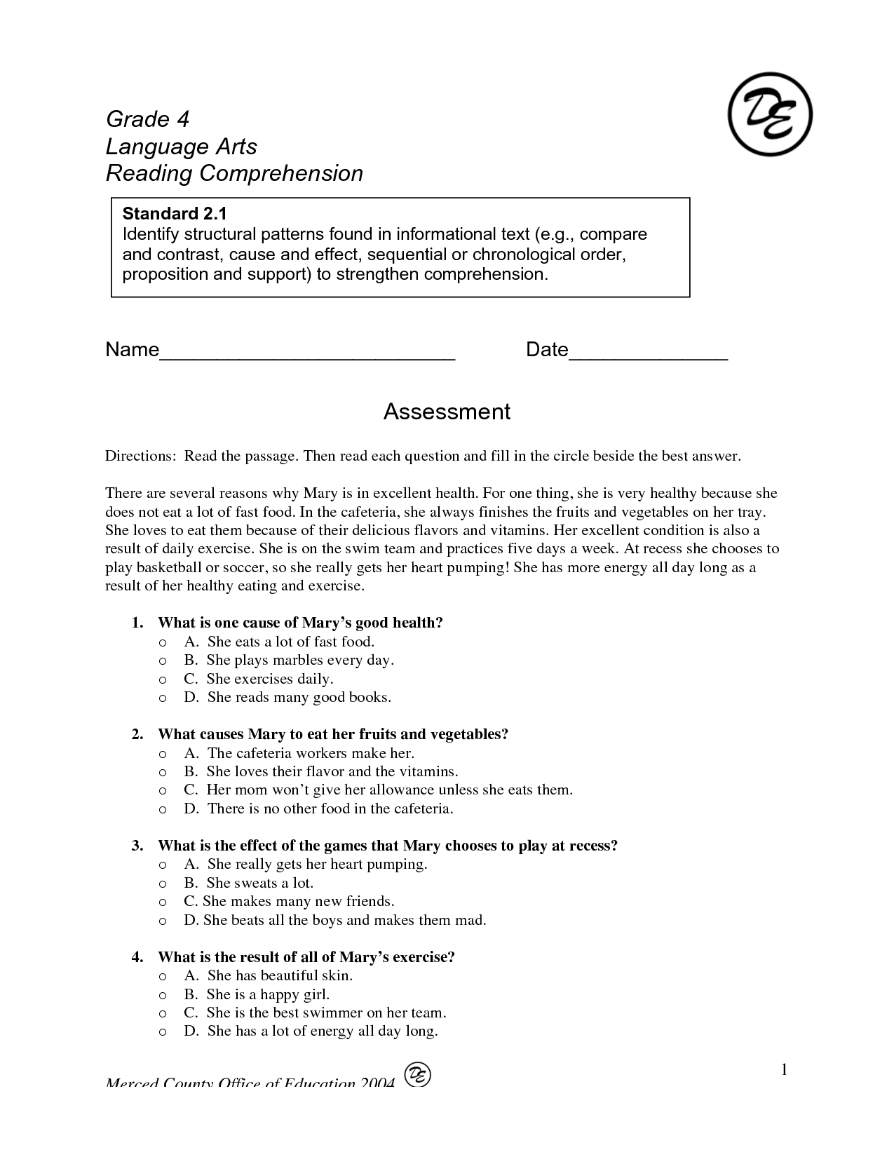 6th Grade Reading Free Printable Worksheets