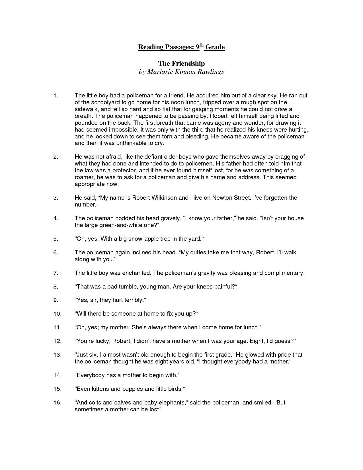 9th Grade Reading Test Worksheet