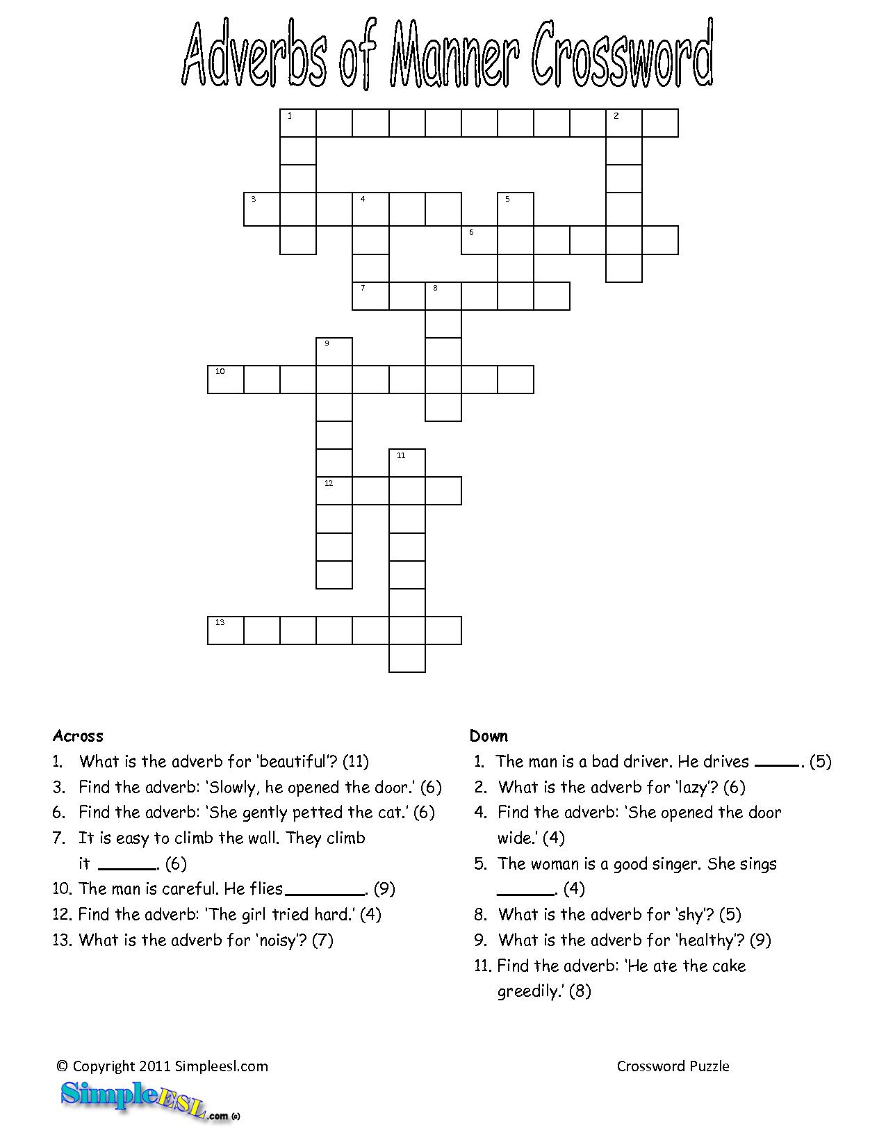 Adverb Crossword Puzzle Image