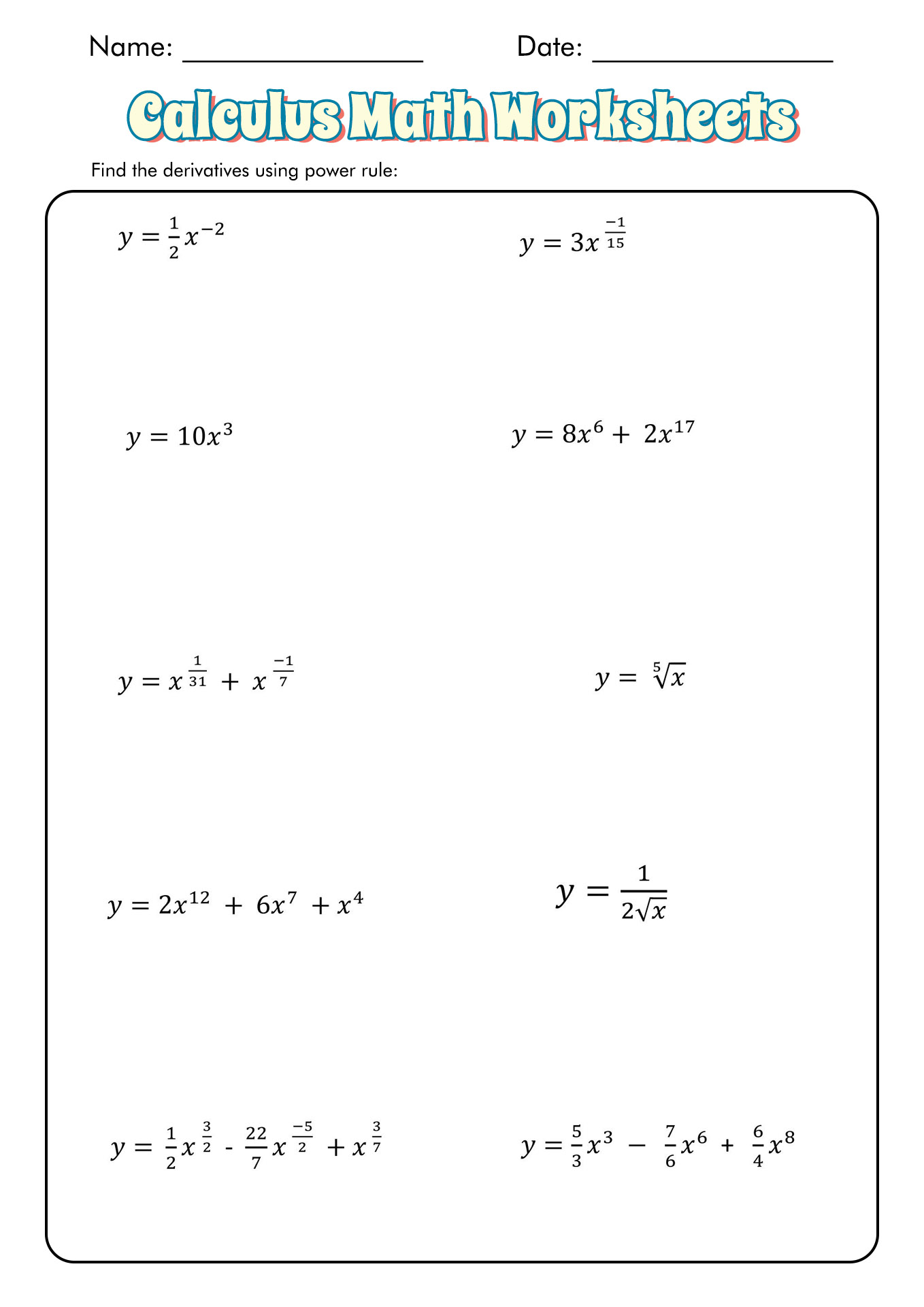 Calculus Math Worksheets