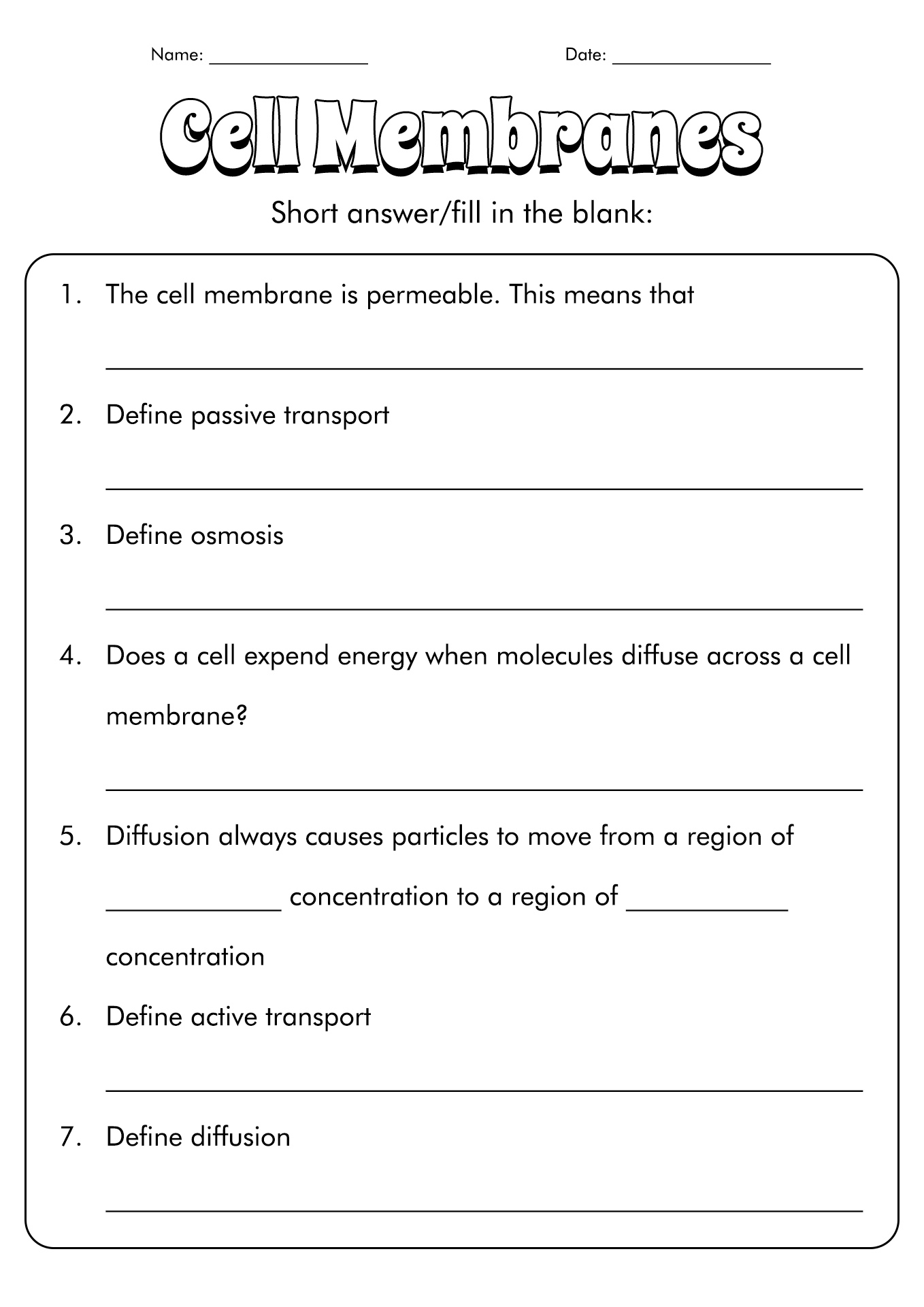 Cell Transport Diffusion and Osmosis Worksheet