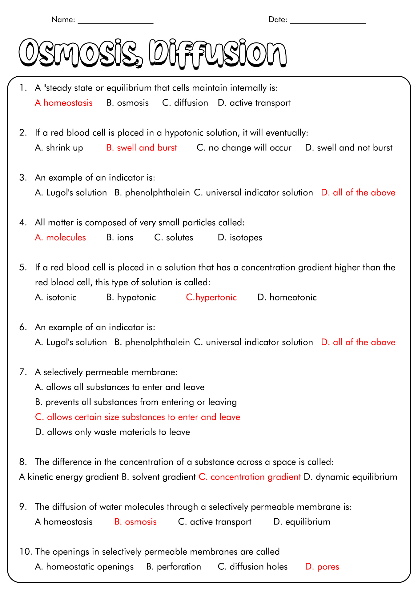 Cell Transport Diffusion Osmosis Worksheet Answer Key