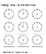 Clock to Half Hour Telling Time Worksheets