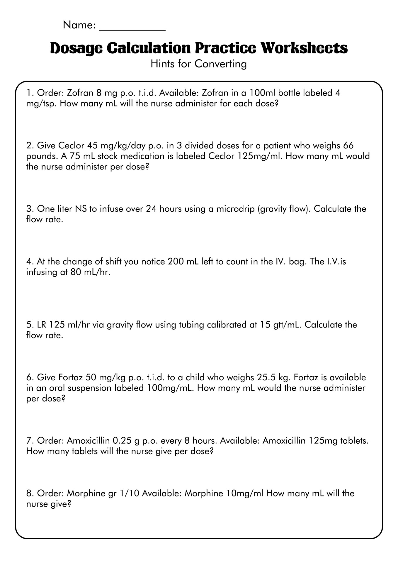 Dosage Calculations Worksheet With Answers