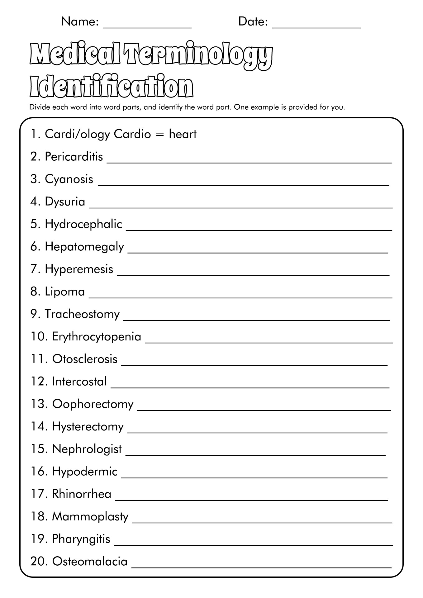 Free Printable Medical Terminology Worksheets Image