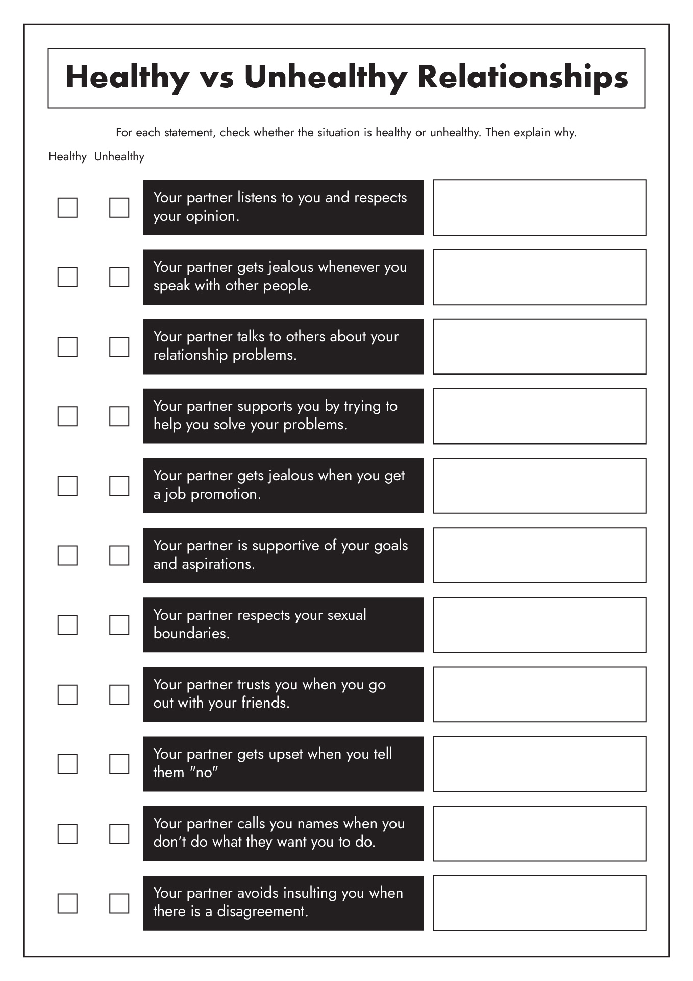 Healthy vs Unhealthy Relationships Worksheets