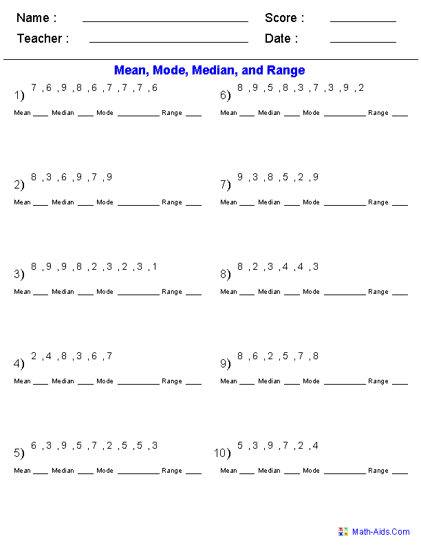 Mean Median Mode and Range Worksheets Image