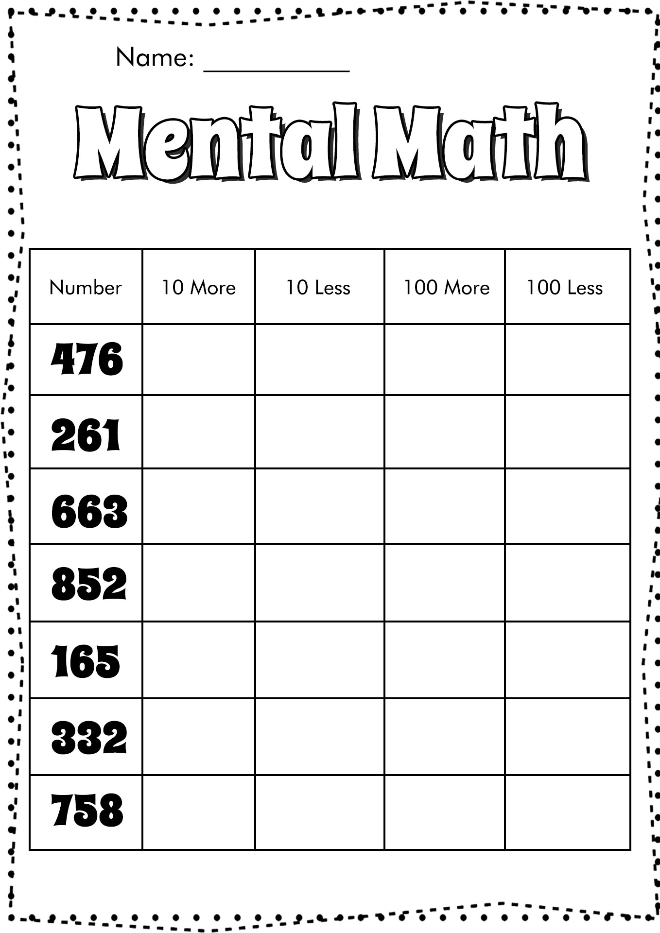 Mental Math Worksheets Image