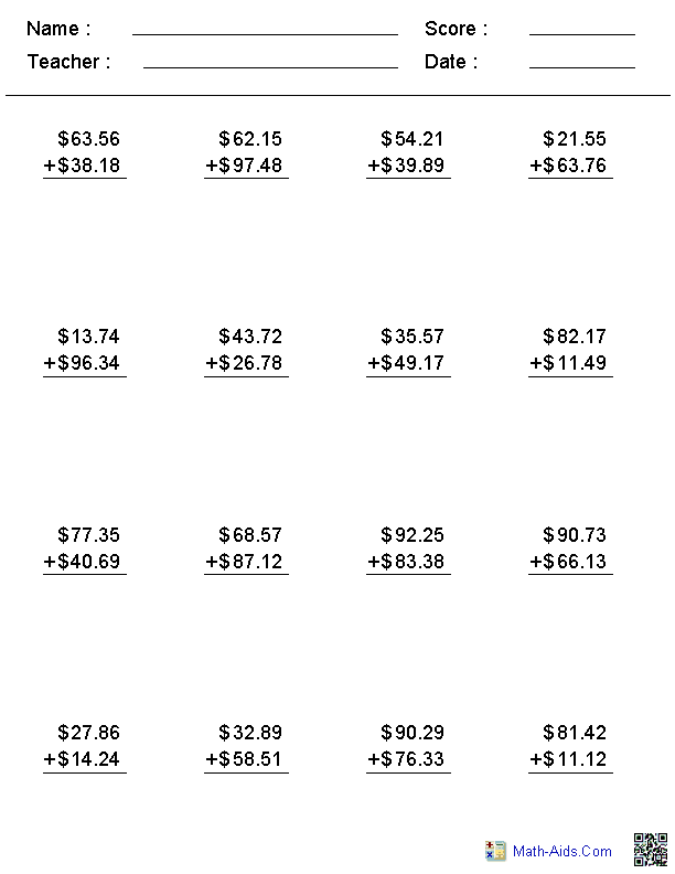 Money Addition Worksheets Image