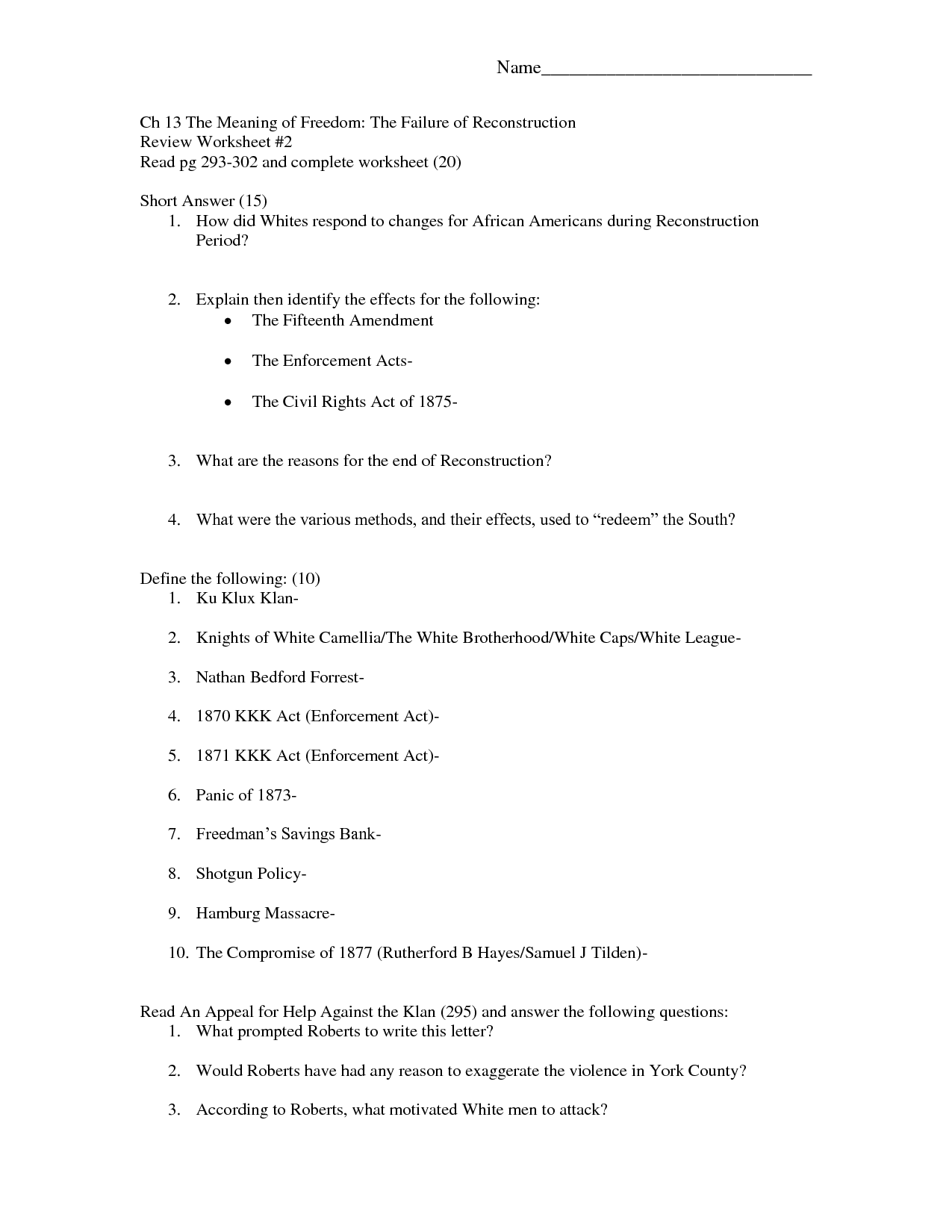Reconstruction Review Worksheet