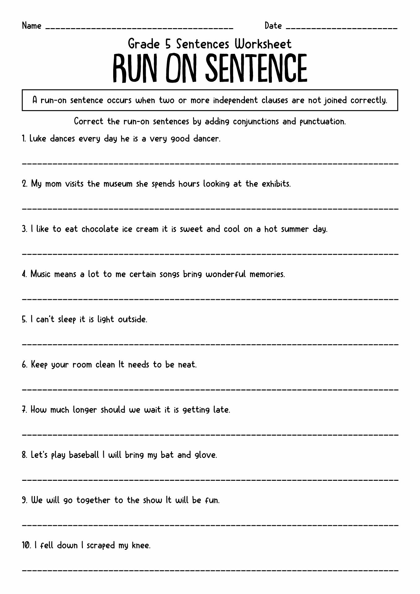 Run On Sentences Worksheets 3rd Grade