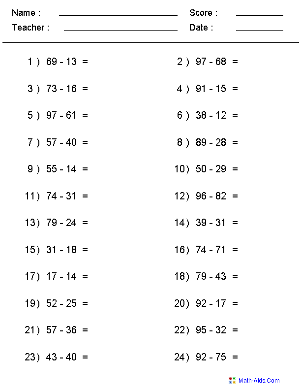 2nd Grade Math Subtraction Worksheets Image