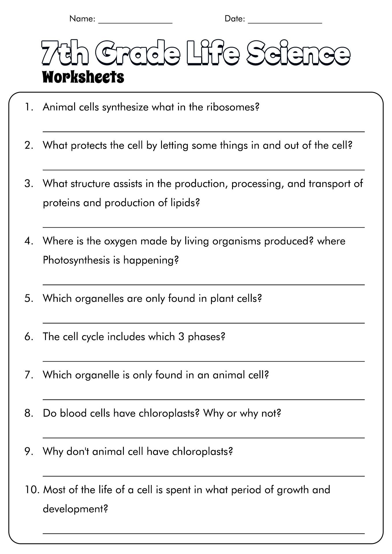 7th Grade Life Science Cells Worksheet
