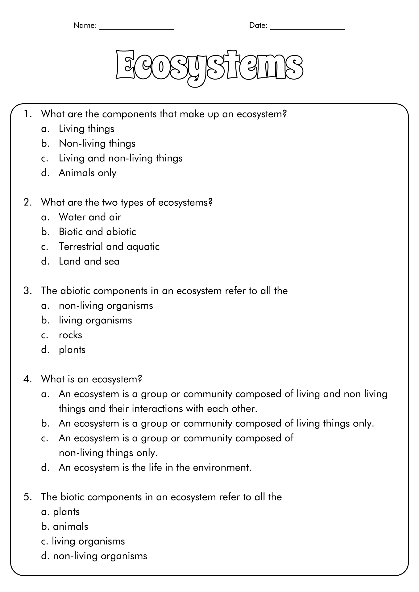 7th Grade Life Science Worksheets