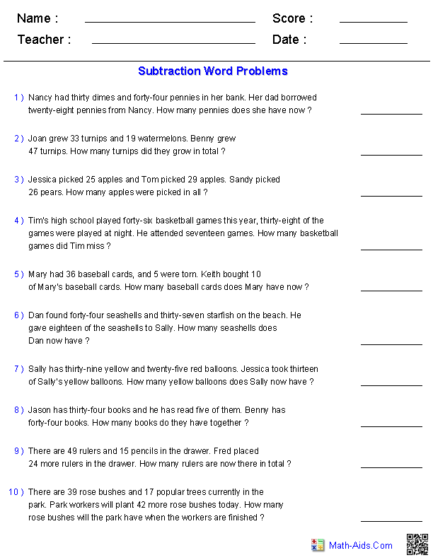 Addition and Subtraction Word Problems Image