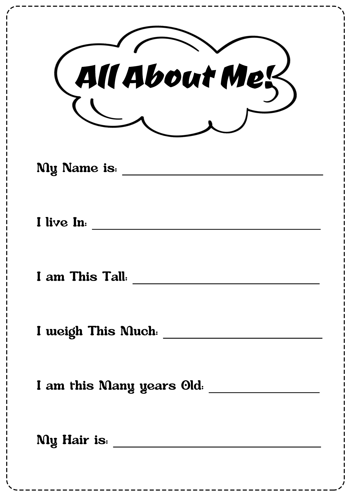 All About Me Preschool Worksheet