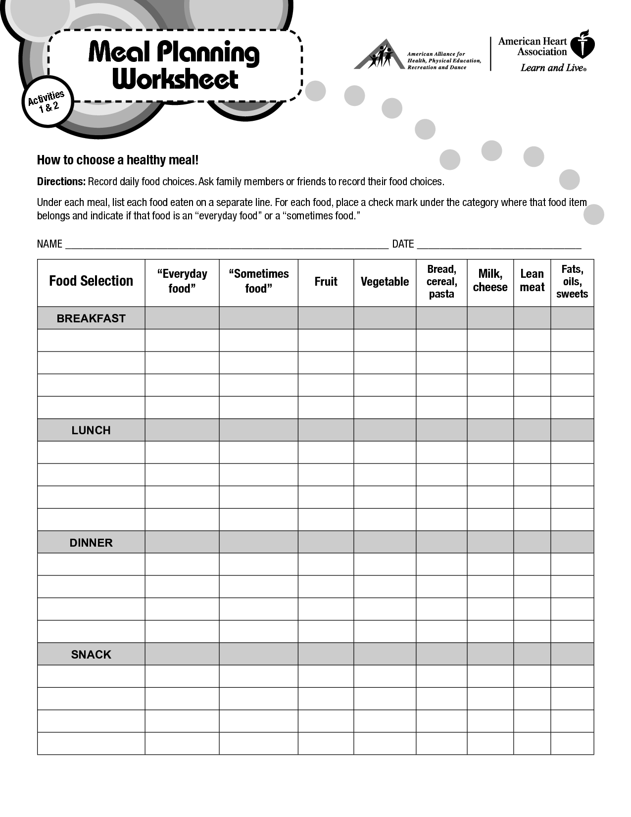 Daily Meal Planning Worksheet Image