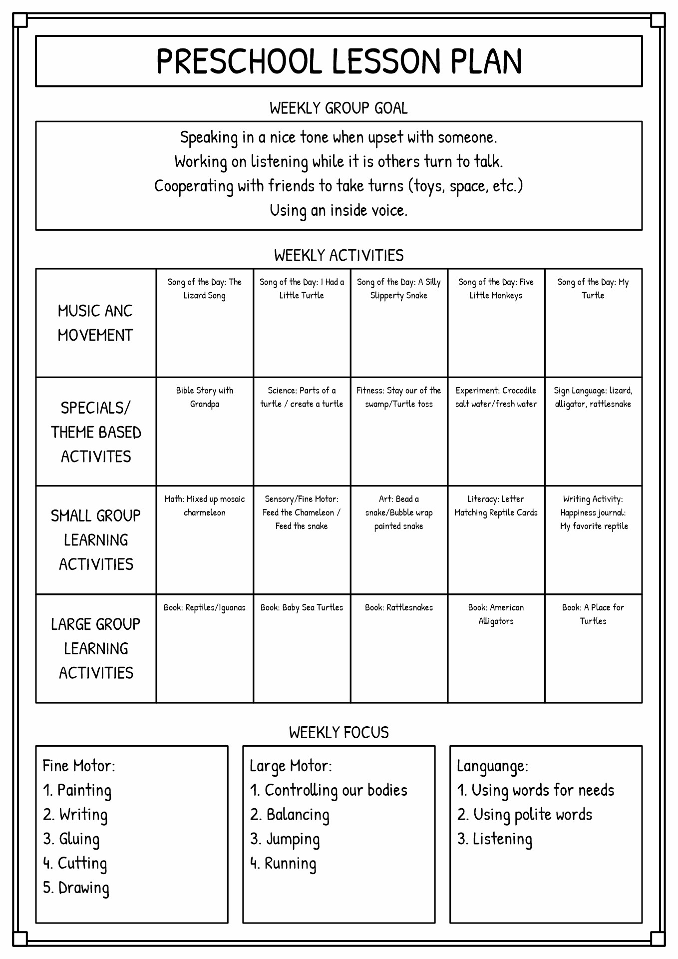 Examples of Preschool Lesson Plan Goals and Objectives
