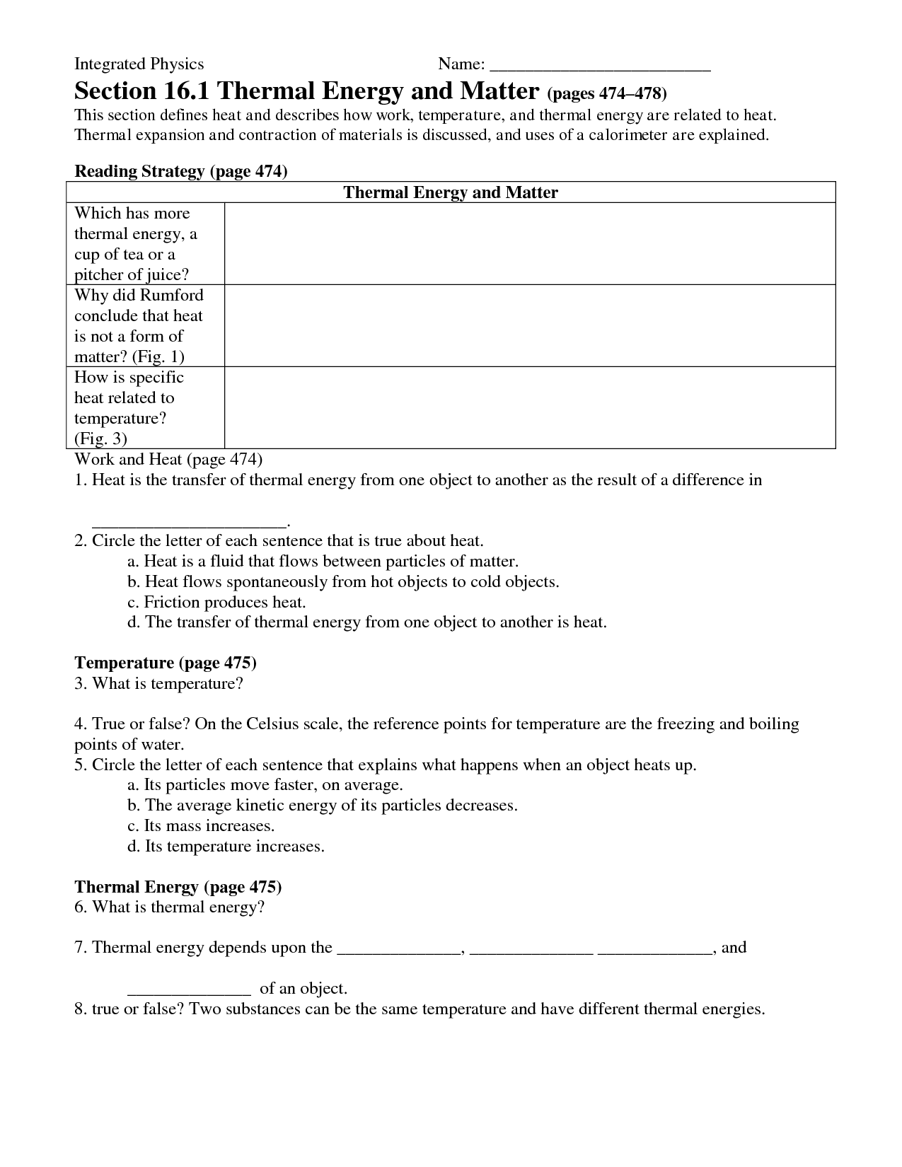 Heat and Thermal Energy Worksheet Answers Image