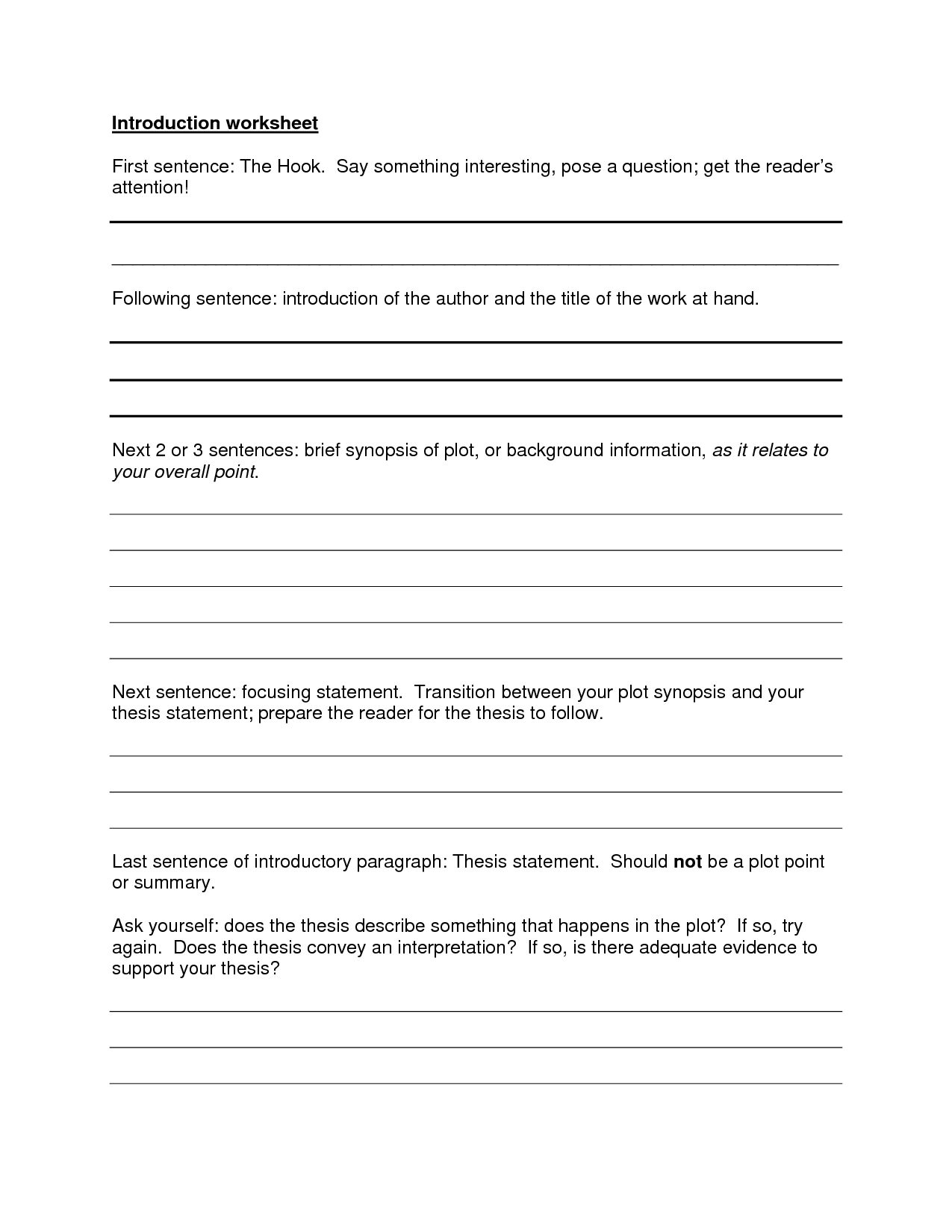 Hook Sentence Worksheet