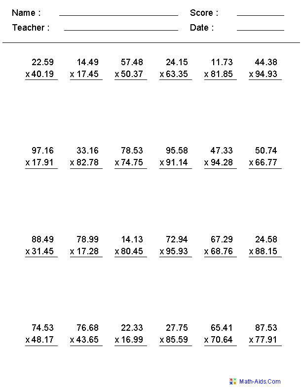 Long Multiplication Decimals Worksheets Image