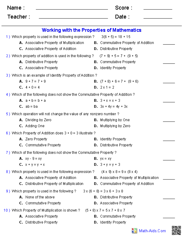 Properties Worksheet 7th Grade