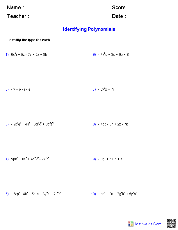 Monomials and Polynomials Worksheets Image
