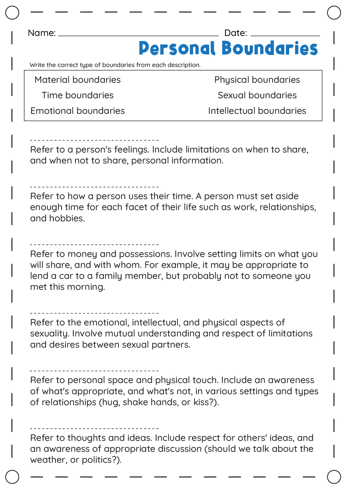 Personal Boundary Worksheets