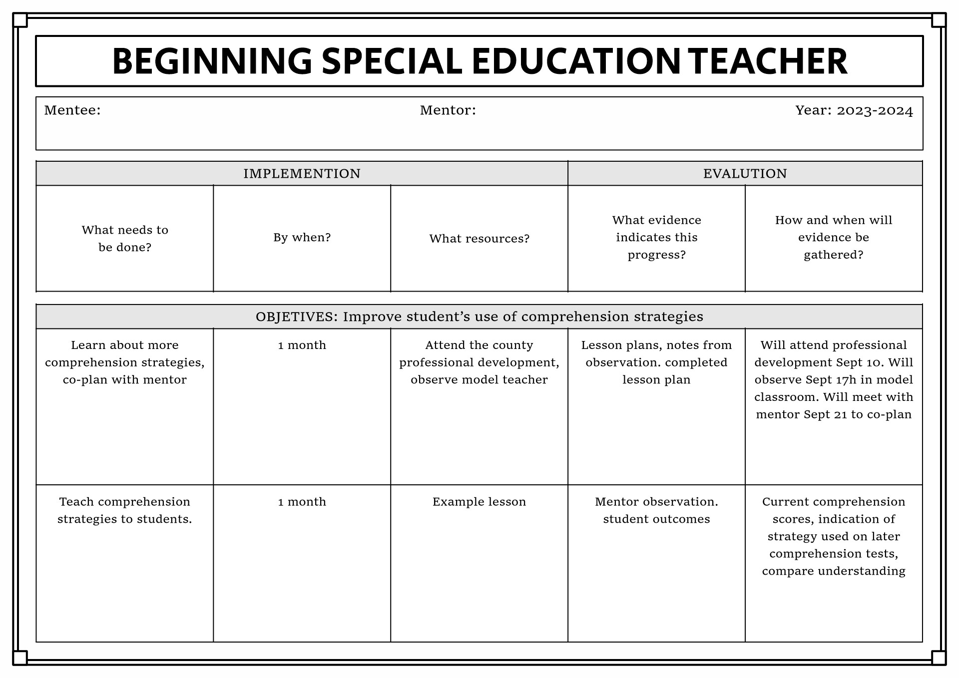 Sample Teacher Action Plan Template