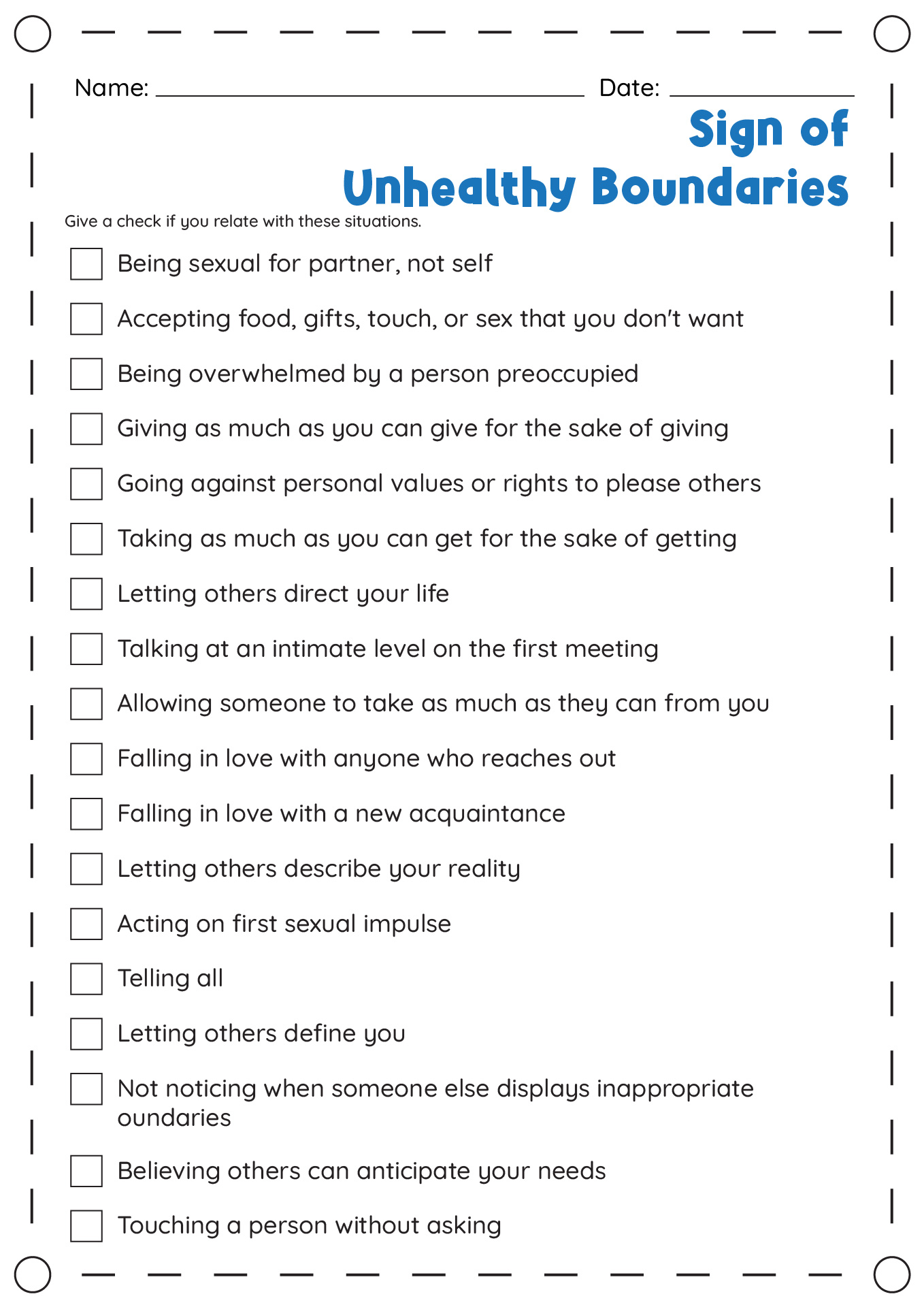 Signs of Unhealthy Boundaries Worksheet