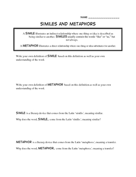 Simile and Metaphor Worksheets Printable