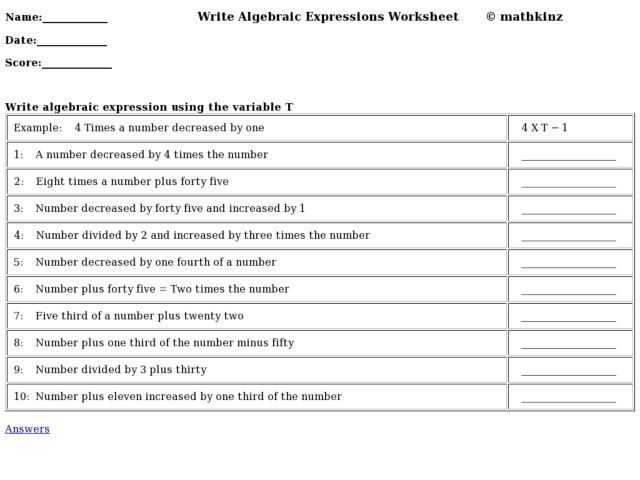 Writing Algebraic Expressions Worksheets 6th Grade Image