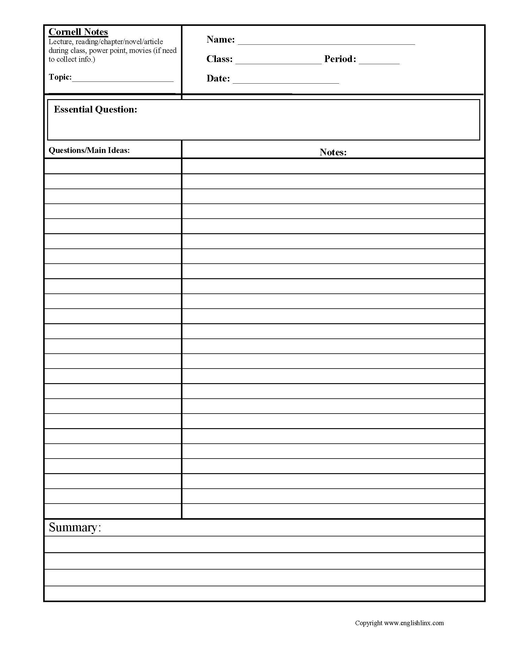 Printable Note Taking Worksheets