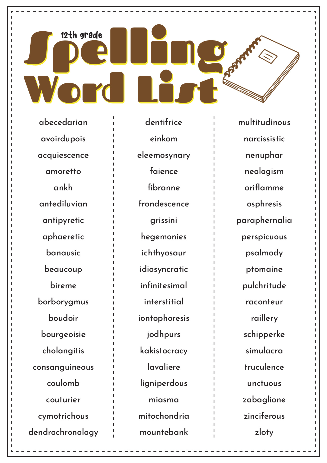 12th Grade Spelling Word List