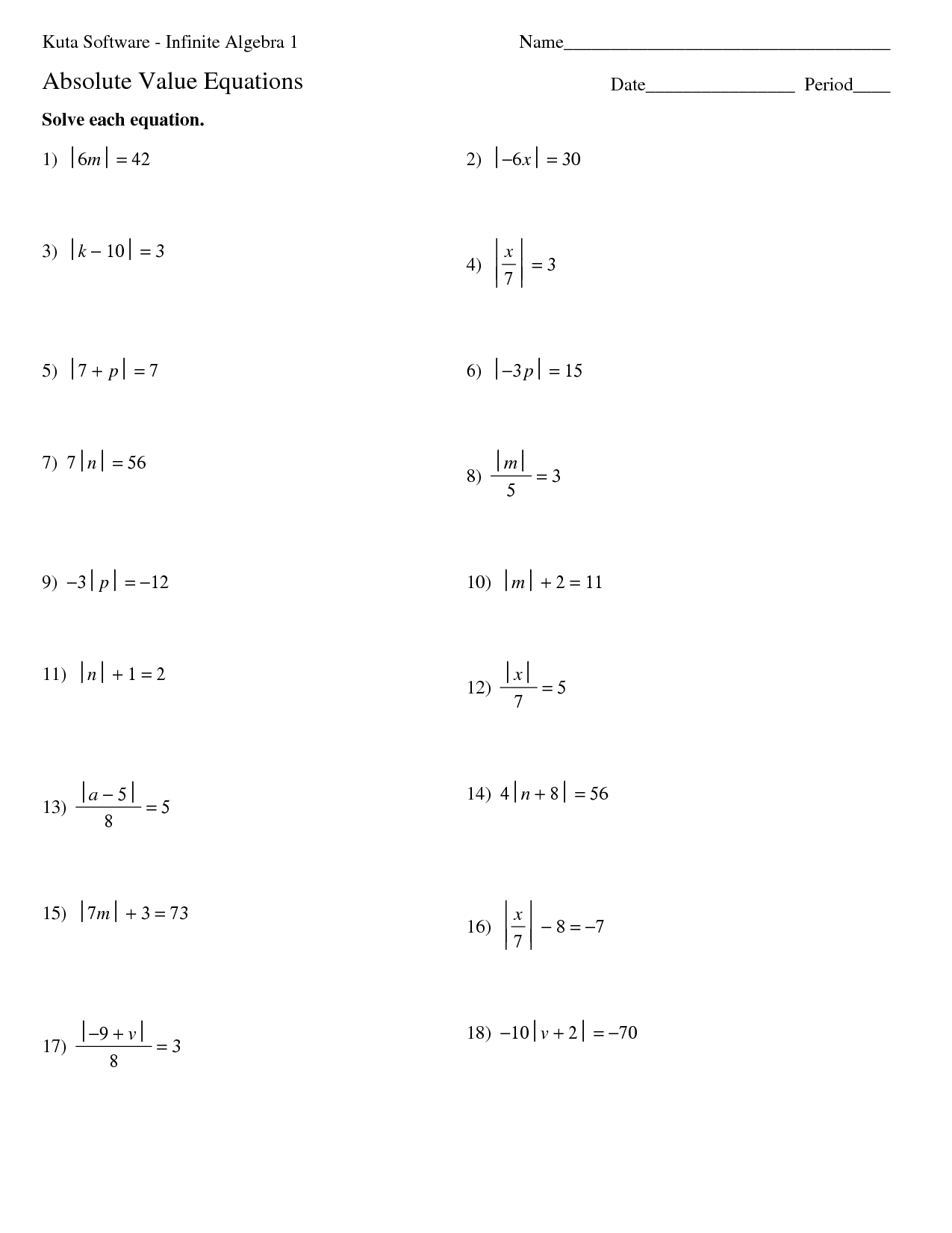 Absolute Value Equations Worksheet With Answers Pdf
