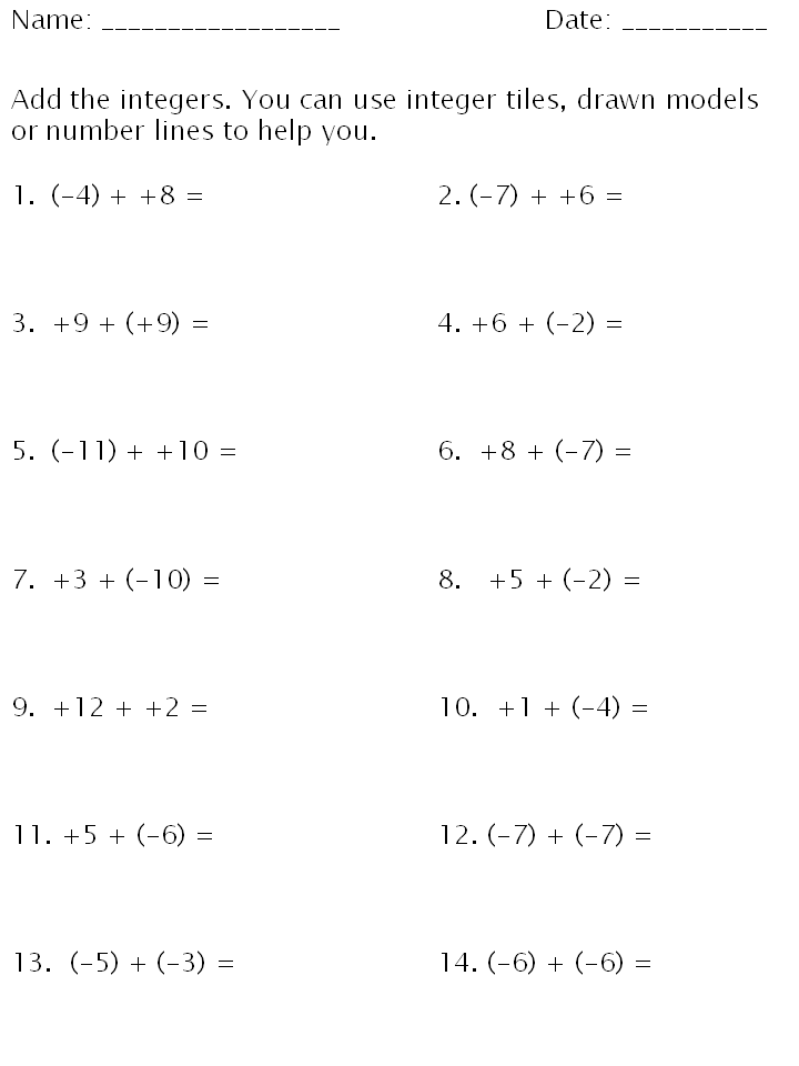 Adding Subtracting Integers Worksheets Image