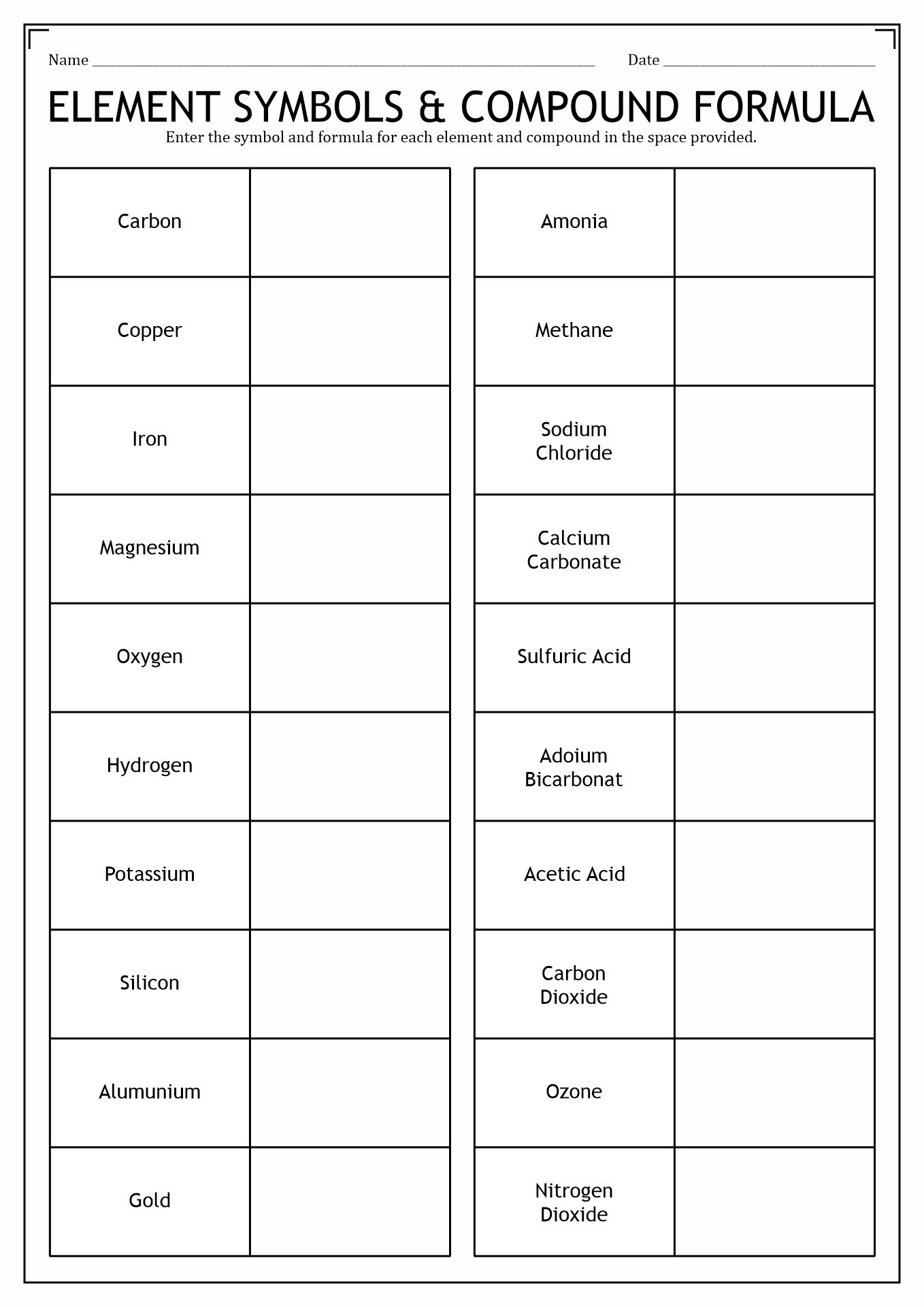Chemistry Elements Worksheets Image
